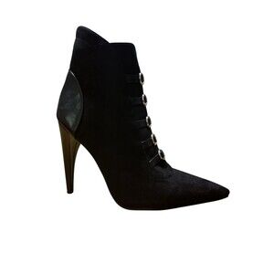 Y-Not Black Suede Pointed Toe Stilletto Ankle Boots with Siver Rings zip closure